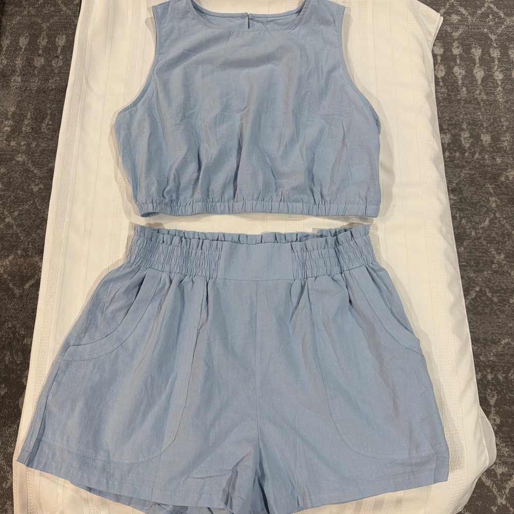 Eurivicy Women Light Blue Linen Two Piece Set Crop Top and Shorts XXL - Picture 2 of 6